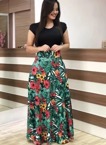 2024 European and American style flower print color matching short sleeved dress for women's large swing skirt