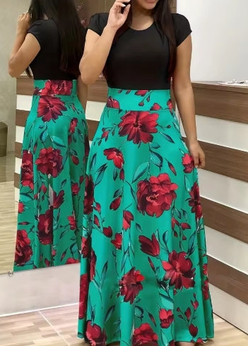 2024 European and American style flower print color matching short sleeved dress for women's large swing skirt