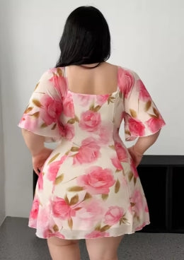 Plus Size Romantic Floral Pink Yellow Ruffle Sleeve Dress Short Sleeve V Neck Waistband Fitted Tiered