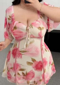 Plus Size Romantic Floral Pink Yellow Ruffle Sleeve Dress Short Sleeve V Neck Waistband Fitted Tiered
