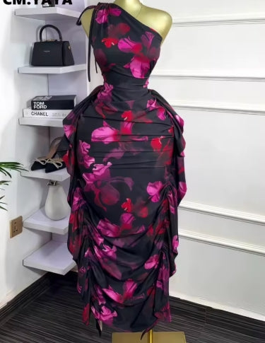 CM.YAYA Women Floral Printed One Shoulder Sleeveless Stacked Ruched Bodycon Midi Maxi Long Dress 2025 Sexy Party Evening Dresses