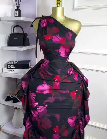 CM.YAYA Women Floral Printed One Shoulder Sleeveless Stacked Ruched Bodycon Midi Maxi Long Dress 2025 Sexy Party Evening Dresses
