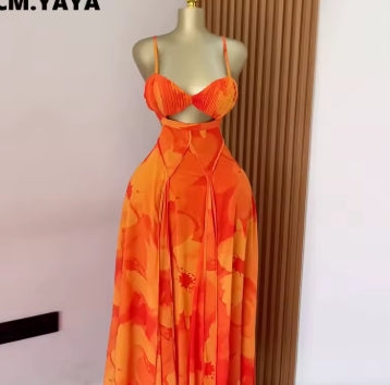 CM.YAYA Women Floral Printed Strap Backless Bra Front Big Swing Maxi Long Dress 2025 Vintage Sexy Club Party Evening Dresses