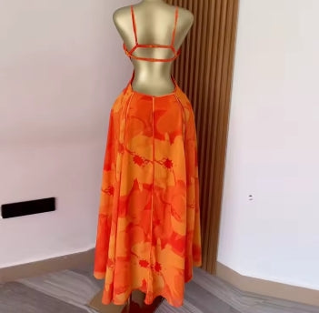 CM.YAYA Women Floral Printed Strap Backless Bra Front Big Swing Maxi Long Dress 2025 Vintage Sexy Club Party Evening Dresses
