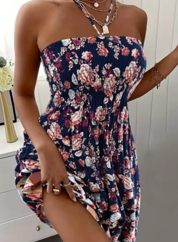 Plus Size Women Boho Flower Printed Dress Women's Strap Neck Casual Vacation Dress