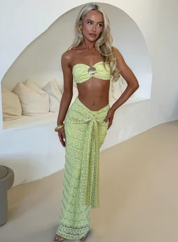 Weird Puss Elegant Women 2piece Set Sexy See Through Thin Tierred Y2K Seashell Tube Top+Wrapped Bandage Skirts Matching Clubwear
