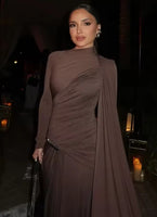 ashion Brown Pleated Long Sleeve Dress Women Elegant O-neck Bodycon Prom Robes 2025 New Summer Lady Street Party Dresses