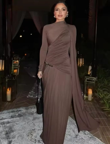 ashion Brown Pleated Long Sleeve Dress Women Elegant O-neck Bodycon Prom Robes 2025 New Summer Lady Street Party Dresses