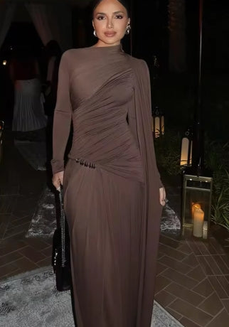 ashion Brown Pleated Long Sleeve Dress Women Elegant O-neck Bodycon Prom Robes 2025 New Summer Lady Street Party Dresses