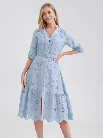 Marwin Cotton Hollow Out Summer Dress Women Holiday Perppy Casual High Waist Ruffled Mini V-Neck Dresses A-line Frills Vestido