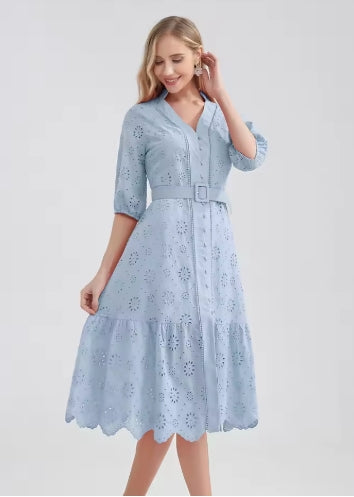 Marwin Cotton Hollow Out Summer Dress Women Holiday Perppy Casual High Waist Ruffled Mini V-Neck Dresses A-line Frills Vestido
