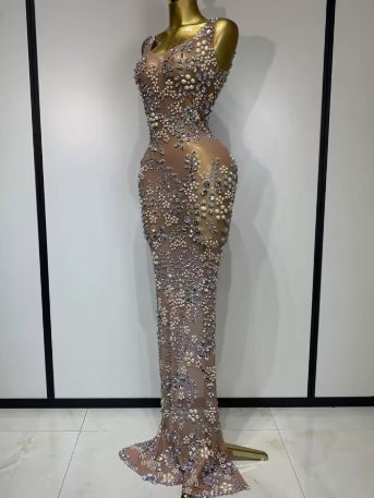 Women Lxury Diamonds Mesh See Through Long Dress Celebrity Elegant Evening Party Fancy Club Dress Singer Performance Costume