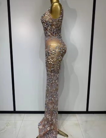 Women Lxury Diamonds Mesh See Through Long Dress Celebrity Elegant Evening Party Fancy Club Dress Singer Performance Costume