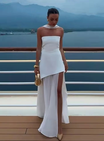 White Mesh Scarf Neck Strapless Long Dress Fashion Off Shoulder Sleeveless High Waist Slim Split Robe Lady Party Beach Gown 2025