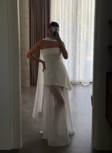 White Mesh Scarf Neck Strapless Long Dress Fashion Off Shoulder Sleeveless High Waist Slim Split Robe Lady Party Beach Gown 2025