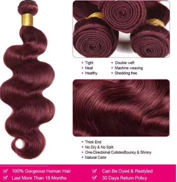 Body Wave Bundles Human Hair 99J Burgundy Color Human Hair 3 Bundles Brazilian Virgin Human Hair Weave Extensions for Wome