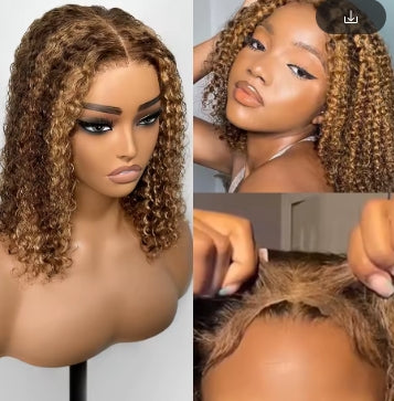 Deep Wave Honey Blonde Glueless Bob Wigs Human Hair Pre Plucked Pre Cut Highlight Wear and Go Curly Wigs Ombre HD Lace Front Wig
