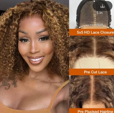 Deep Wave Honey Blonde Glueless Bob Wigs Human Hair Pre Plucked Pre Cut Highlight Wear and Go Curly Wigs Ombre HD Lace Front Wig