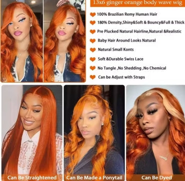 Ginger Orange Body Wave 13x6 Transparent Lace Front Wig Human Hair for Women Colored Pre Plucked Natural Hairline 200%