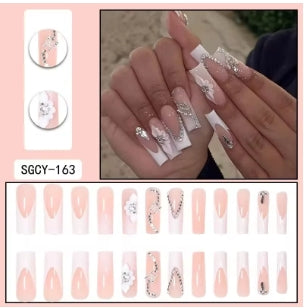 24 Pcs Long French Flower Drill Chain Nails with File Strip 1 and Jelly Glue 1