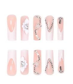24 Pcs Long French Flower Drill Chain Nails with File Strip 1 and Jelly Glue 1