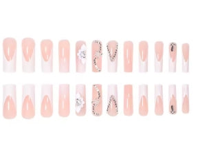 24 Pcs Long French Flower Drill Chain Nails with File Strip 1 and Jelly Glue 1