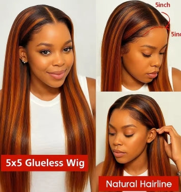 No Glue Highlight Wigs 5x5 Lace Frontal Glueless Wigs Ombre Ginger With Brown Straight Wigs Human Hair