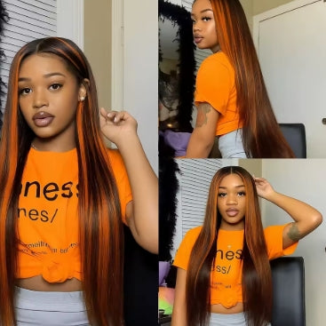 No Glue Highlight Wigs 5x5 Lace Frontal Glueless Wigs Ombre Ginger With Brown Straight Wigs Human Hair