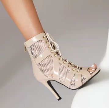 Women Latin Dance Shoes Black Boots High-Top High Heels Salsa Sandals Mesh Tango Boots Ladies Woman Party Ballroom Dance Shoes