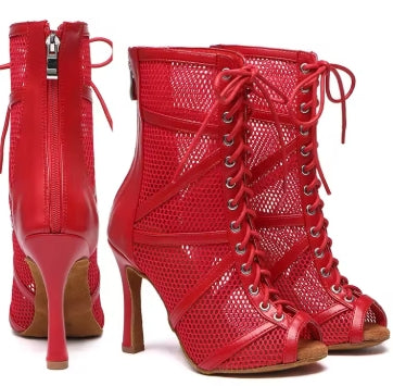 Latin Dance Shoes Women Fish Mouth Ballroom Dancing Boots Red Mesh Stilettos High Heels Salsa Sandals Adjustable Instep Zip Shoe