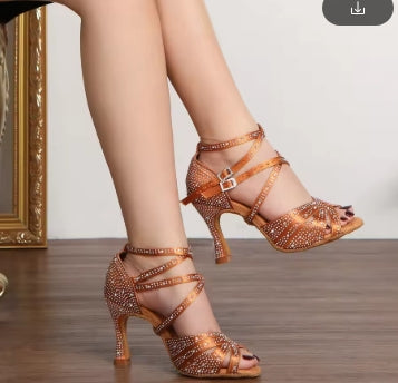 DKZSYIM Rhinestone Women Latin Dance Shoes Latin Salsa Girl Dancing Shoes Black Shiny Ballroom Dance Shoes For Girls Ladies