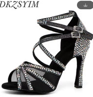 DKZSYIM Rhinestone Women Latin Dance Shoes Latin Salsa Girl Dancing Shoes Black Shiny Ballroom Dance Shoes For Girls Ladies