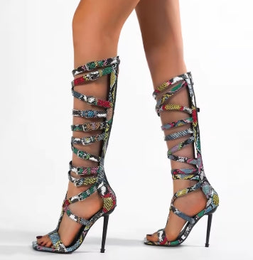 2025 Fashion Women Gladiator Sandals Stiletto High Heel Summer Boots Lace Up Cross-tied Sexy Sandals Mesh Over Knee Party Shoes