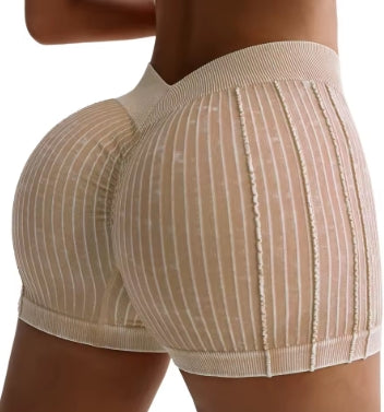 Women Yoga Tights Shorts Activewear Striped Ribbed High Waist Ruched V-Back Waistband Sports Shorts Running Cycling Gym Fitness