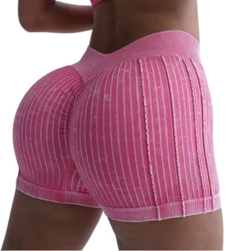 Women Yoga Tights Shorts Activewear Striped Ribbed High Waist Ruched V-Back Waistband Sports Shorts Running Cycling Gym Fitness