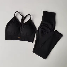 Seamless Hip Lift Fitness Set Women's V-Neck Bra Leggings Yoga Set Quick Dry Exercise Iron Massage High Fat Tight Pant