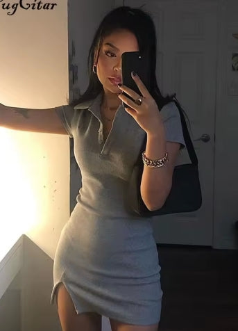 Hugcitar 2024 Short Sleeve Slit Sexy Mini Dress Summer Women Fashion Streetwear Outfits Cute Solid Y2K Party Clothing