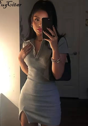 Hugcitar 2024 Short Sleeve Slit Sexy Mini Dress Summer Women Fashion Streetwear Outfits Cute Solid Y2K Party Clothing