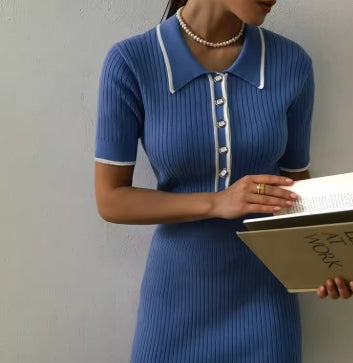 YuooMuoo Brand Fashion Knit Sweater Dress Women Spring Summer Ribbed Contrast Short Sleeve Lapel Gown Dress Ladies Long Dresses