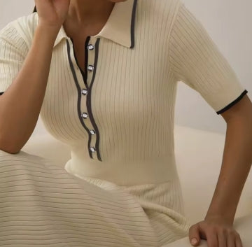 YuooMuoo Brand Fashion Knit Sweater Dress Women Spring Summer Ribbed Contrast Short Sleeve Lapel Gown Dress Ladies Long Dresses