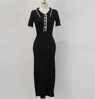 YuooMuoo Brand Fashion Knit Sweater Dress Women Spring Summer Ribbed Contrast Short Sleeve Lapel Gown Dress Ladies Long Dresses