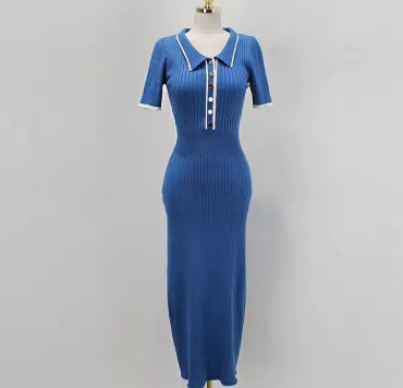 YuooMuoo Brand Fashion Knit Sweater Dress Women Spring Summer Ribbed Contrast Short Sleeve Lapel Gown Dress Ladies Long Dresses