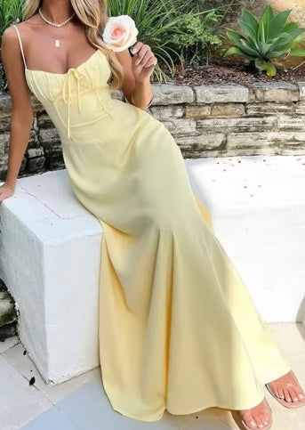 Elegant Strappy Backless Long Dress Women's Summer Fashion Round Neck Smocked Solid Color Slim Evening Dress Long Dress