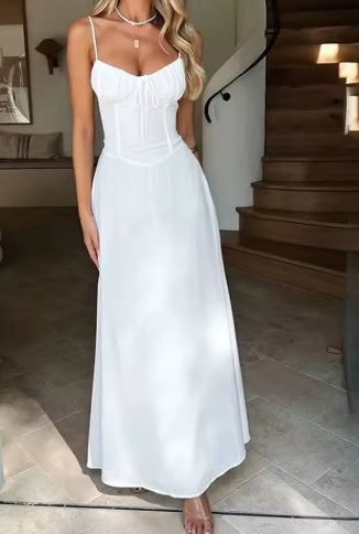 Elegant Strappy Backless Long Dress Women's Summer Fashion Round Neck Smocked Solid Color Slim Evening Dress Long Dress