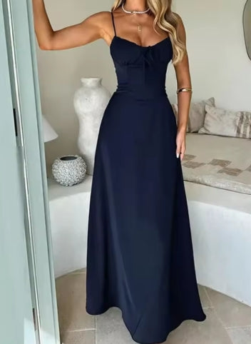 Elegant Strappy Backless Long Dress Women's Summer Fashion Round Neck Smocked Solid Color Slim Evening Dress Long Dress