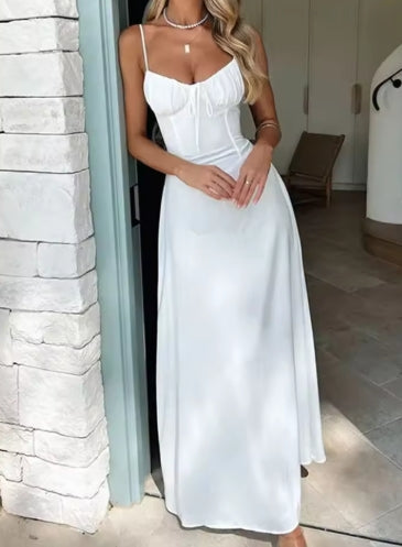 Elegant Strappy Backless Long Dress Women's Summer Fashion Round Neck Smocked Solid Color Slim Evening Dress Long Dress