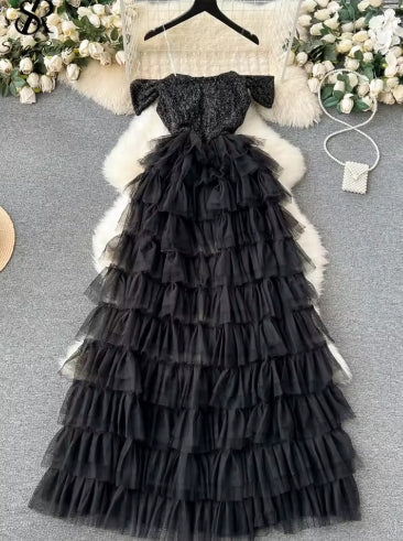 SINGREINY High Quality Cake Dress Fashion Strap Sequin Pachwork Mesh Design Women Temperament Sleeveless Autumn Shiny Long Dress