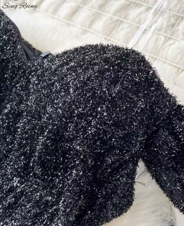 SINGREINY High Quality Cake Dress Fashion Strap Sequin Pachwork Mesh Design Women Temperament Sleeveless Autumn Shiny Long Dress