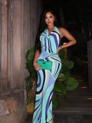 Elegant Sleeveless Backless Slim Bodycon Maxi Dresses Fashion Printed Halter Long Dress for Women Chic Summer Beach Party Robes