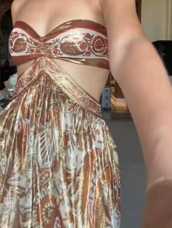 Sexy Print Hollow Out Strapless Women Dresses Beach Holidays Glitter Backless Off Shoulder Female Robe 2025 Summer Lady Dress